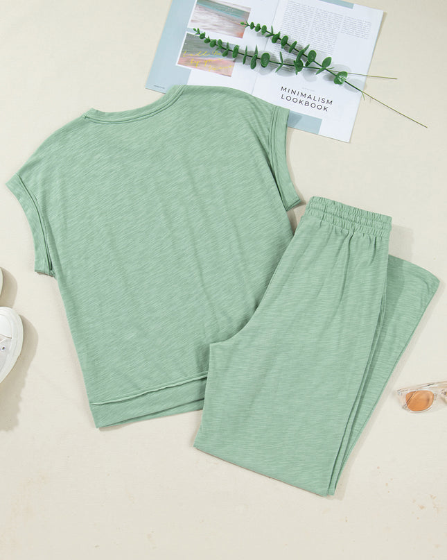 Canton Cuffed Short Sleeve Tee Raw Seam Patch Pocket Drawstring Pants Set