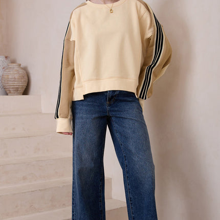 Beige Contrast Striped Patchwork Drop Shoulder Loose Sweatshirt