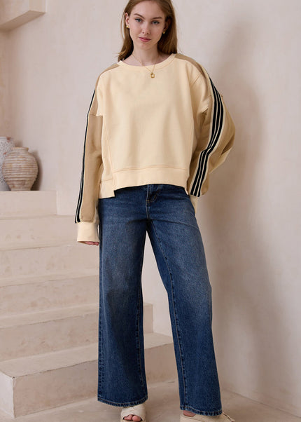 Beige Contrast Striped Patchwork Drop Shoulder Loose Sweatshirt