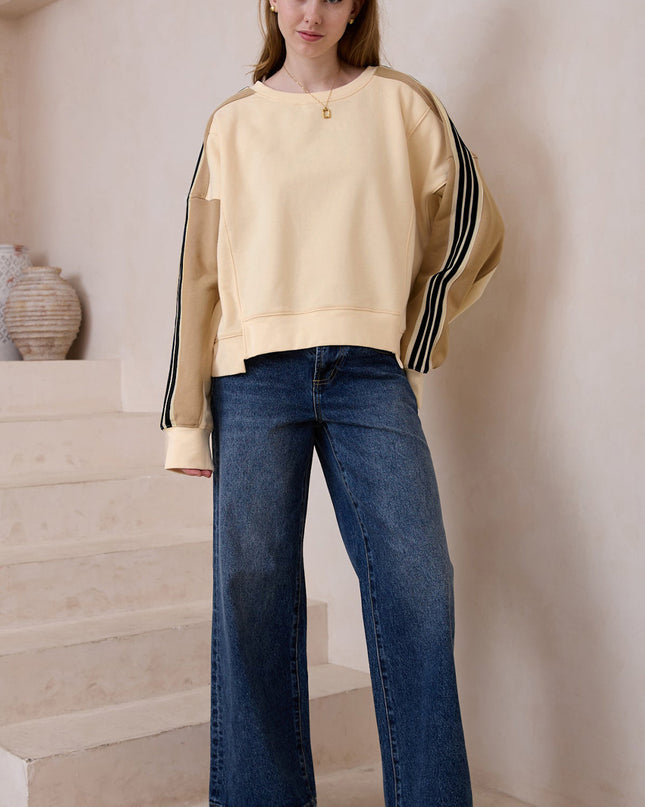 Beige Contrast Striped Patchwork Drop Shoulder Loose Sweatshirt