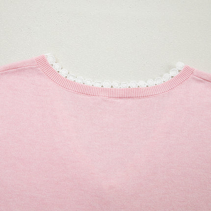 Strawberry Pink Lacy V Neckline Short Sleeve Sweater