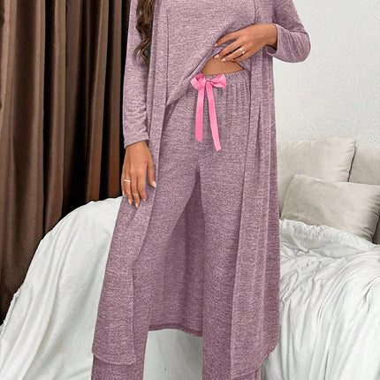 Dark Grey 3pcs V Neck T Shirt Ribbon Knot Pants Open Duster 3pcs Lounge Set