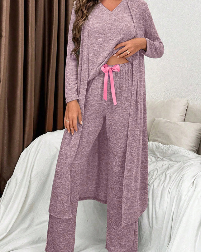 Dark Grey 3pcs V Neck T Shirt Ribbon Knot Pants Open Duster 3pcs Lounge Set