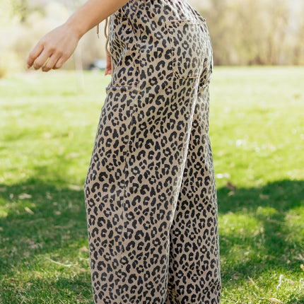 Khaki Leopard Print Drawstring Elastic Waist Loose Denim Pants with Pockets