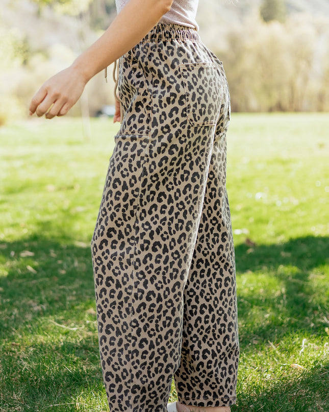 Khaki Leopard Print Drawstring Elastic Waist Loose Denim Pants with Pockets