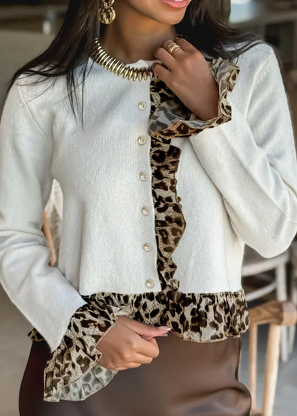 White Knitted Leopard Ruffle Patchwork Button Down Cropped Cardigan