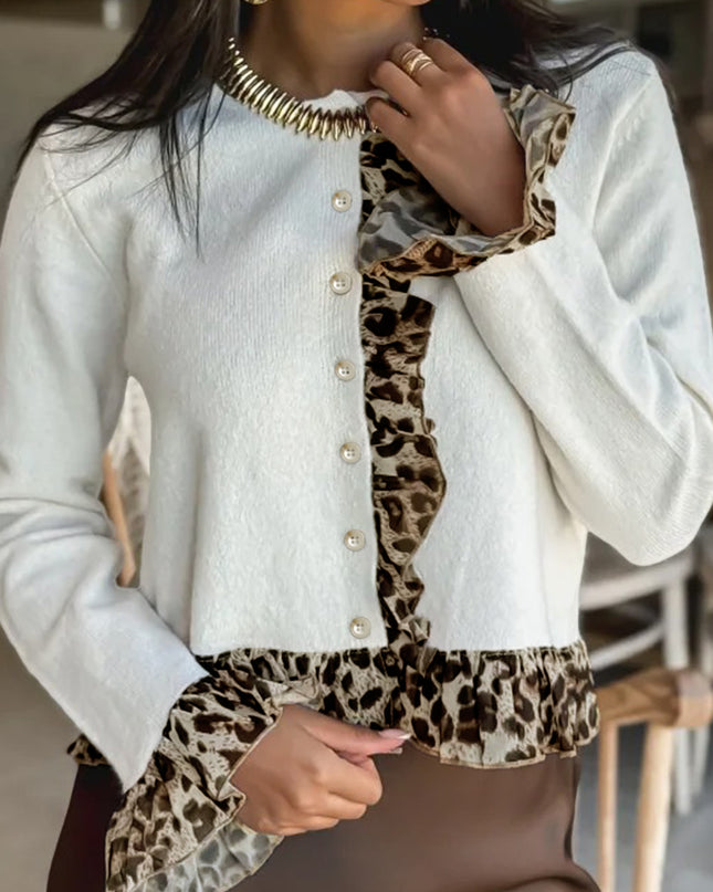 White Knitted Leopard Ruffle Patchwork Button Down Cropped Cardigan