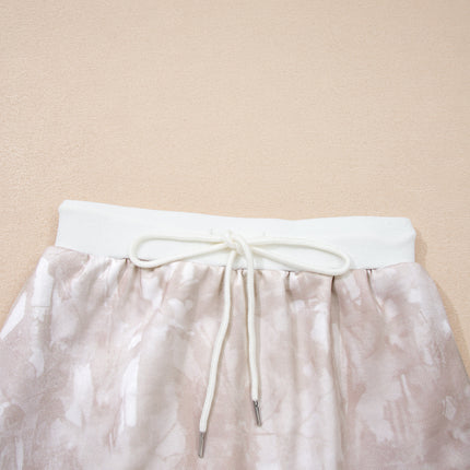 White Abstract Woodland Print Balloon Sleeve Pullover Drawstring Mini Skort Set