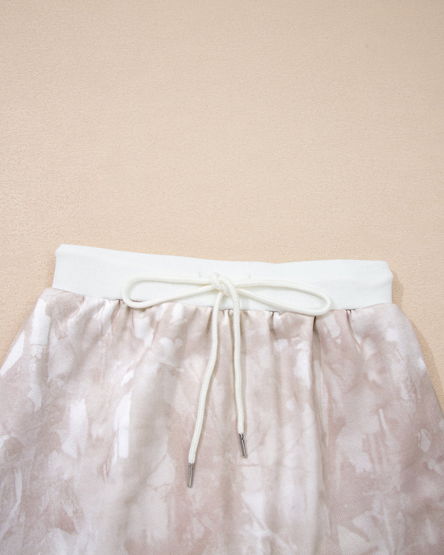 White Abstract Woodland Print Balloon Sleeve Pullover Drawstring Mini Skort Set