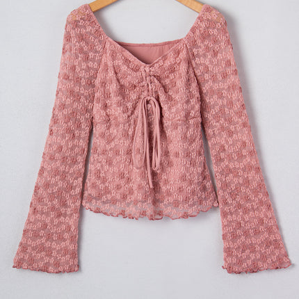 Peach Blossom Drawstring Knot Detail Floral Lace Blouse