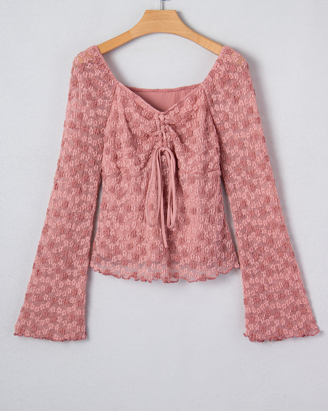 Peach Blossom Drawstring Knot Detail Floral Lace Blouse