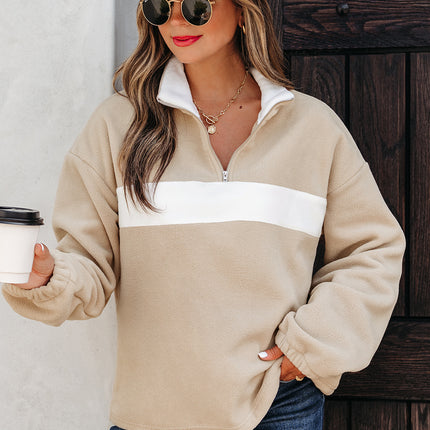 Parchment Fleece Colorblock Patchwork Zipped Neck Pullover Sweatshirt