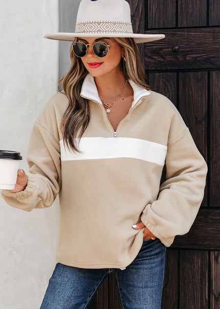Parchment Fleece Colorblock Patchwork Zipped Neck Pullover Sweatshirt