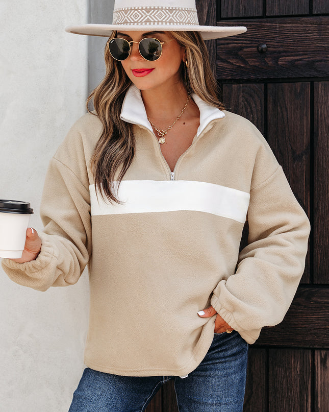 Parchment Fleece Colorblock Patchwork Zipped Neck Pullover Sweatshirt