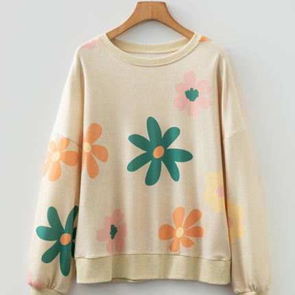 Khaki Washed French Terry Flower Print Sweatshirt