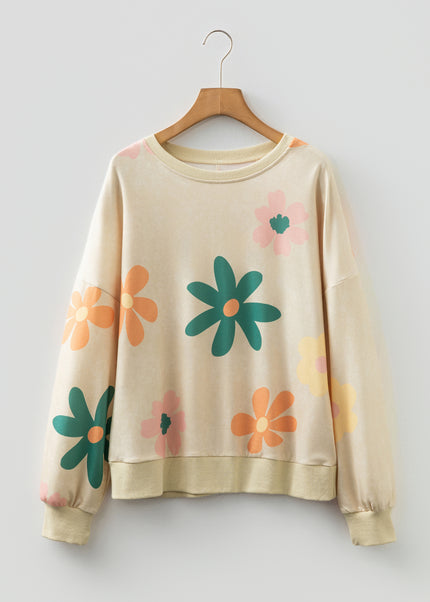 Khaki Washed French Terry Flower Print Sweatshirt