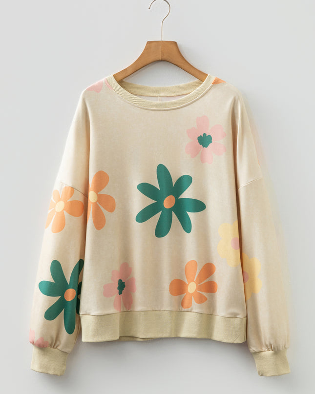 Khaki Washed French Terry Flower Print Sweatshirt