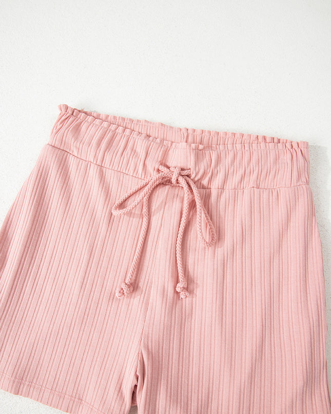 Gossamer Pink Ribbed Button V Neck Tank Top and Shorts Set