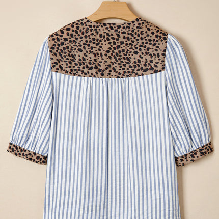 Sky Blue Stripe Leopard Trim V Neck Button Down Half Sleeve Shirt