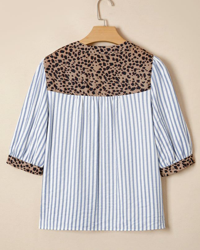 Sky Blue Stripe Leopard Trim V Neck Button Down Half Sleeve Shirt