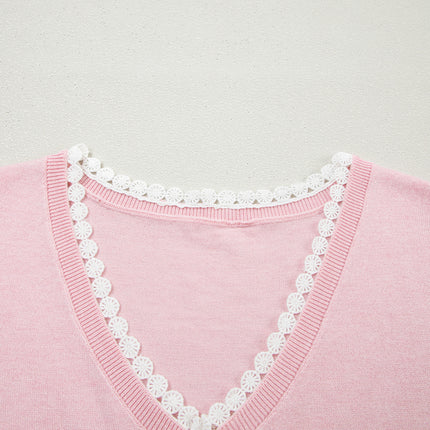 Strawberry Pink Lacy V Neckline Short Sleeve Sweater
