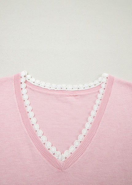 Strawberry Pink Lacy V Neckline Short Sleeve Sweater