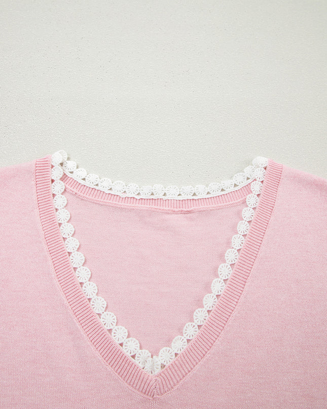 Strawberry Pink Lacy V Neckline Short Sleeve Sweater