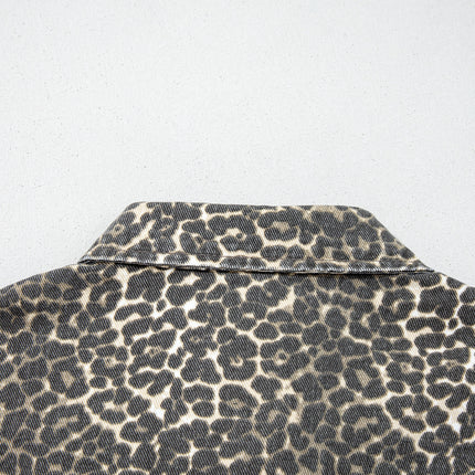 Gray Vintage Leopard Print Short Sleeve Loose Cotton Denim Shirt