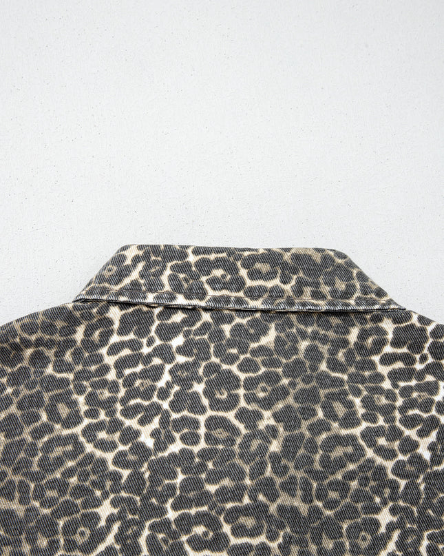 Gray Vintage Leopard Print Short Sleeve Loose Cotton Denim Shirt