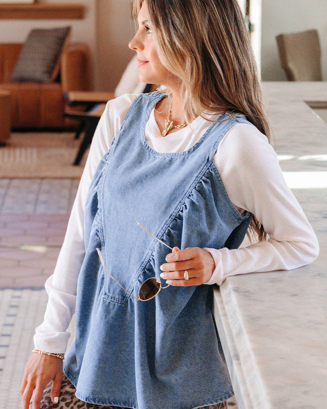 Myosotis Denim Pleated Patchwork Sleeveless Top