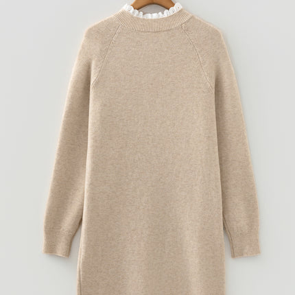 Parchment Button Lace Detail Raglan Sleeve Shift Mini Sweater Dress