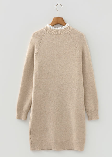 Parchment Button Lace Detail Raglan Sleeve Shift Mini Sweater Dress