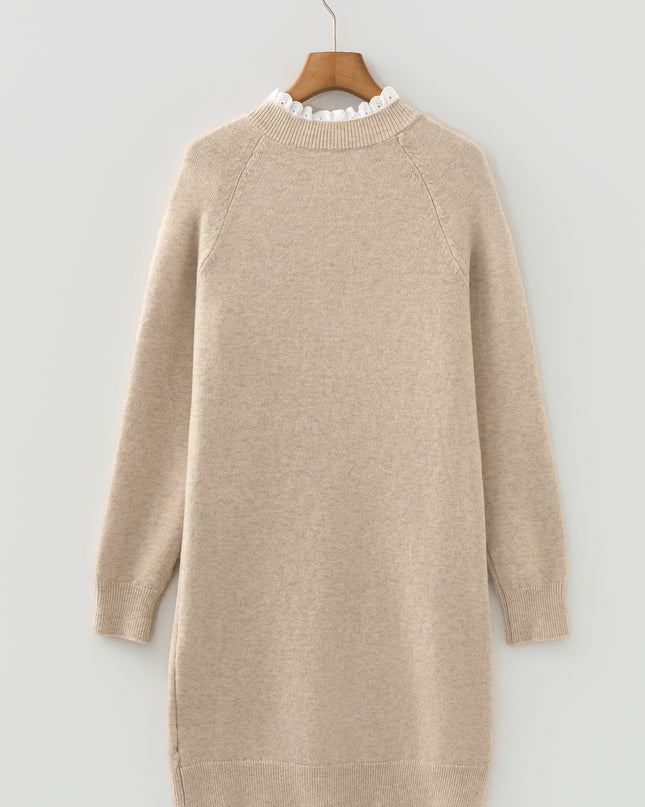 Parchment Button Lace Detail Raglan Sleeve Shift Mini Sweater Dress