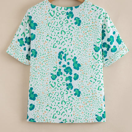 Leopard Print V Neck Short Sleeve Blouse