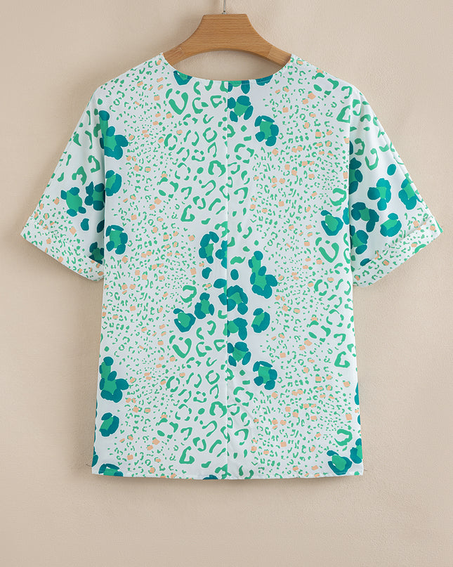 Leopard Print V Neck Short Sleeve Blouse
