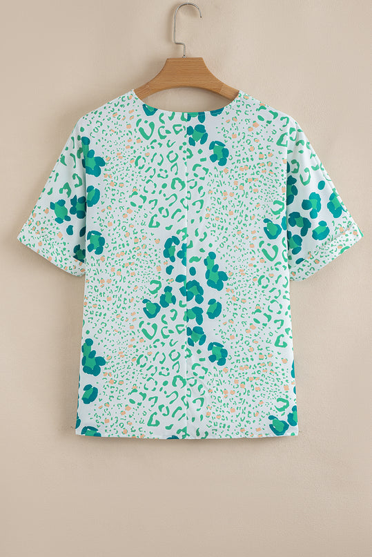 Leopard Print V Neck Short Sleeve Blouse