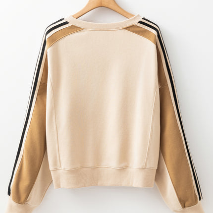 Beige Contrast Striped Patchwork Drop Shoulder Loose Sweatshirt