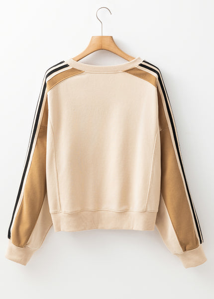 Beige Contrast Striped Patchwork Drop Shoulder Loose Sweatshirt