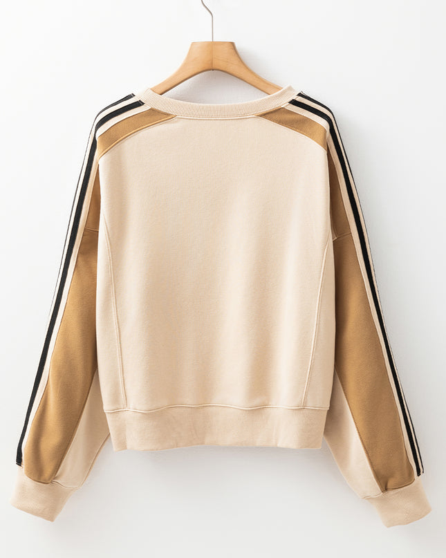 Beige Contrast Striped Patchwork Drop Shoulder Loose Sweatshirt