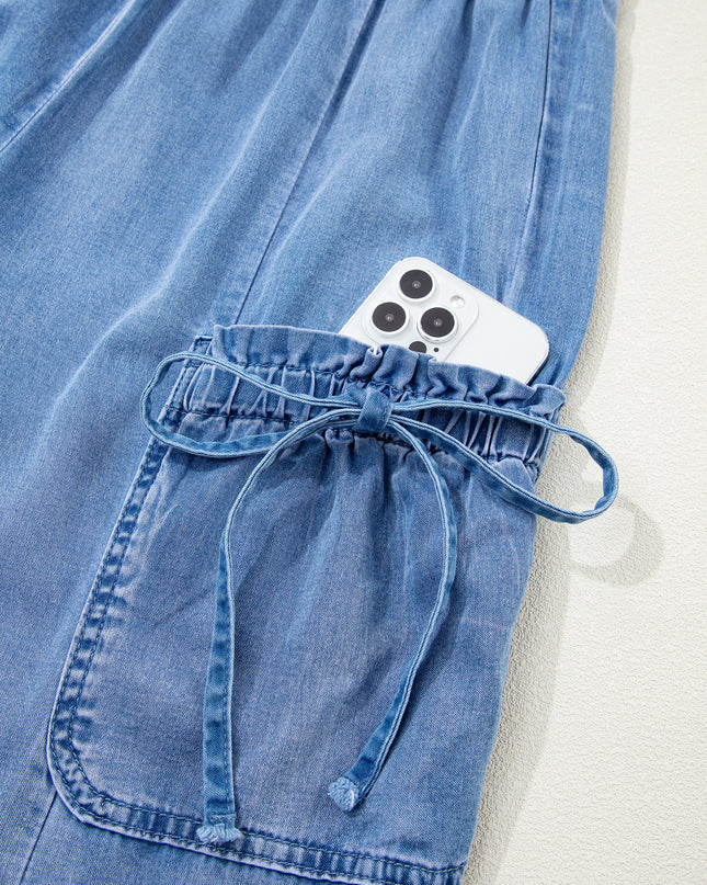 Beau Blue Drawstring Elastic Waist Pocketed Loose Denim Pants