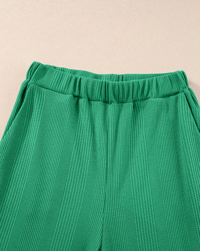 Beau Blue Solid Color Ribbed Ruffle Tank Top and Pants Set