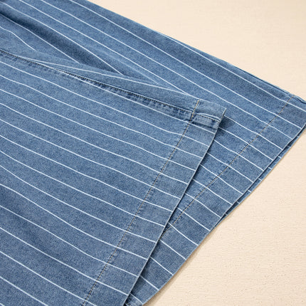 Sky Blue Stripe Button Pleated Drawstring Waist Casual Wide Leg Jeans