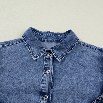 Dusk Blue Vintage Wash Denim Ruffle Detail Button Down Shirt