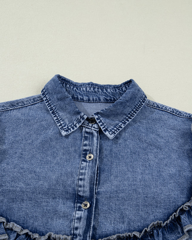 Dusk Blue Vintage Wash Denim Ruffle Detail Button Down Shirt