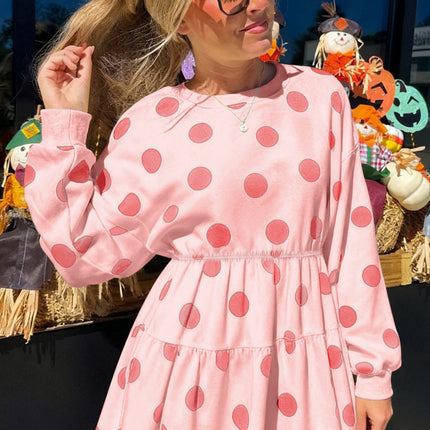 White Polka Dot Printed Long Sleeve Flared Mini Dress