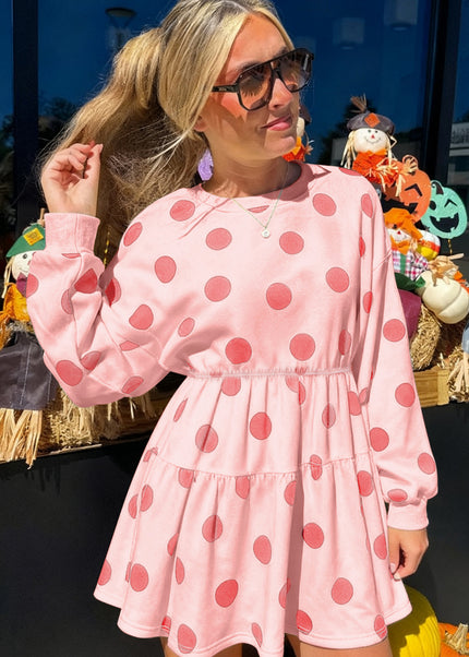 White Polka Dot Printed Long Sleeve Flared Mini Dress