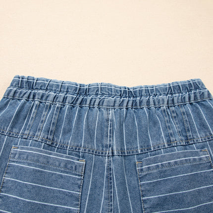 Sky Blue Stripe Button Pleated Drawstring Waist Casual Wide Leg Jeans