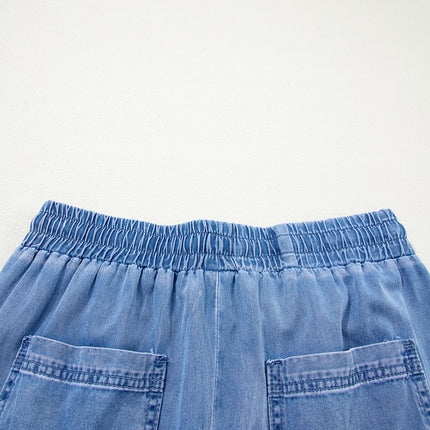 Beau Blue Drawstring Elastic Waist Pocketed Loose Denim Pants