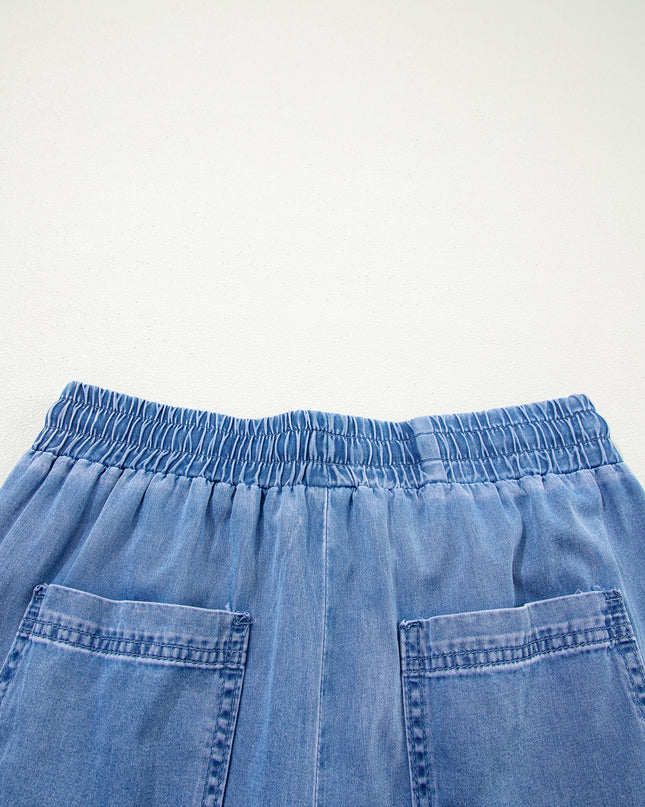 Beau Blue Drawstring Elastic Waist Pocketed Loose Denim Pants