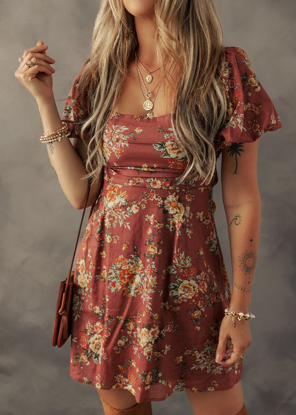 Red Floral Puff Sleeve Square Neck Knot Open Back Mini Dress